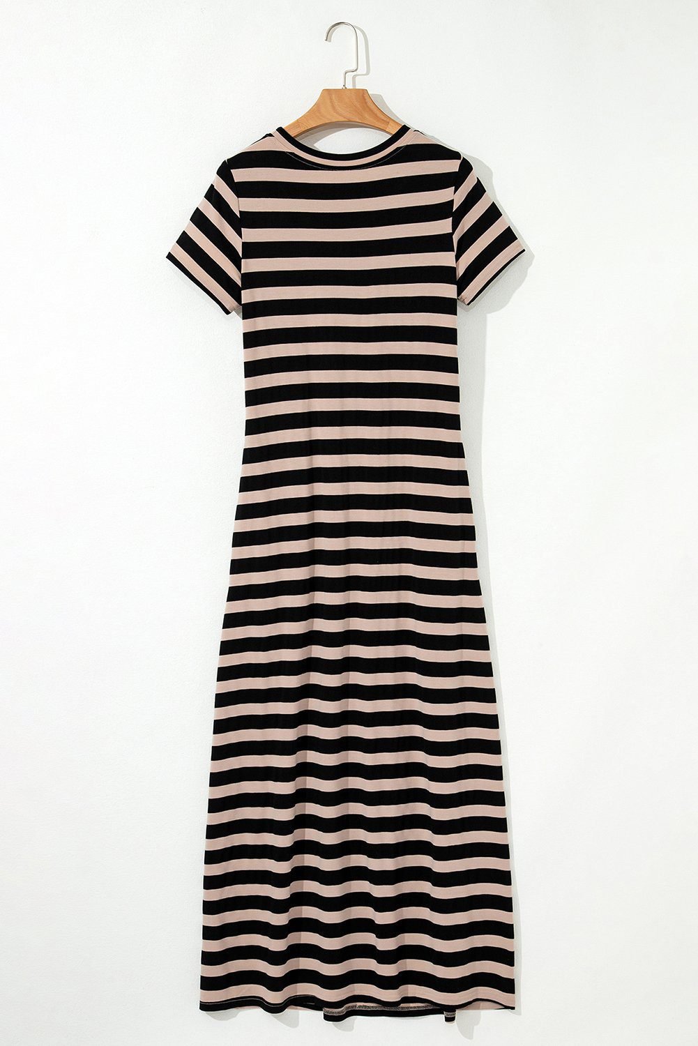 Black Stripe Casual Round Neck T-Shirt Maxi Dress With Pockets