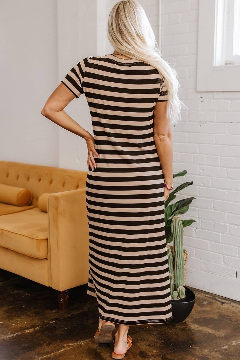 Black Stripe Casual Round Neck T-Shirt Maxi Dress With Pockets