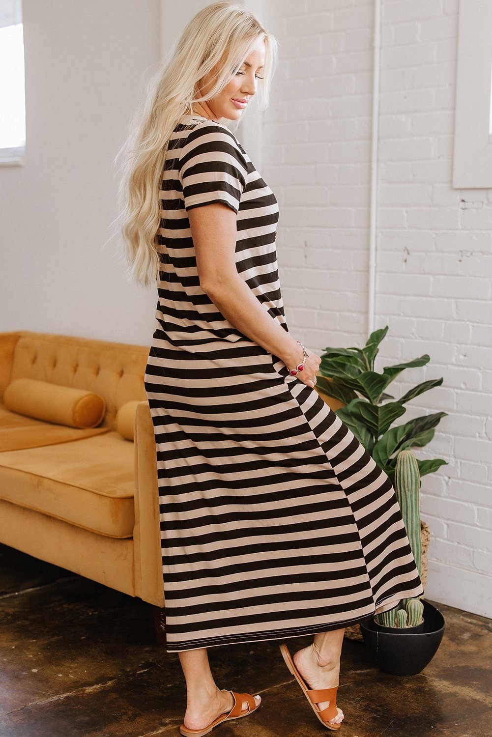 Black Stripe Casual Round Neck T-Shirt Maxi Dress With Pockets