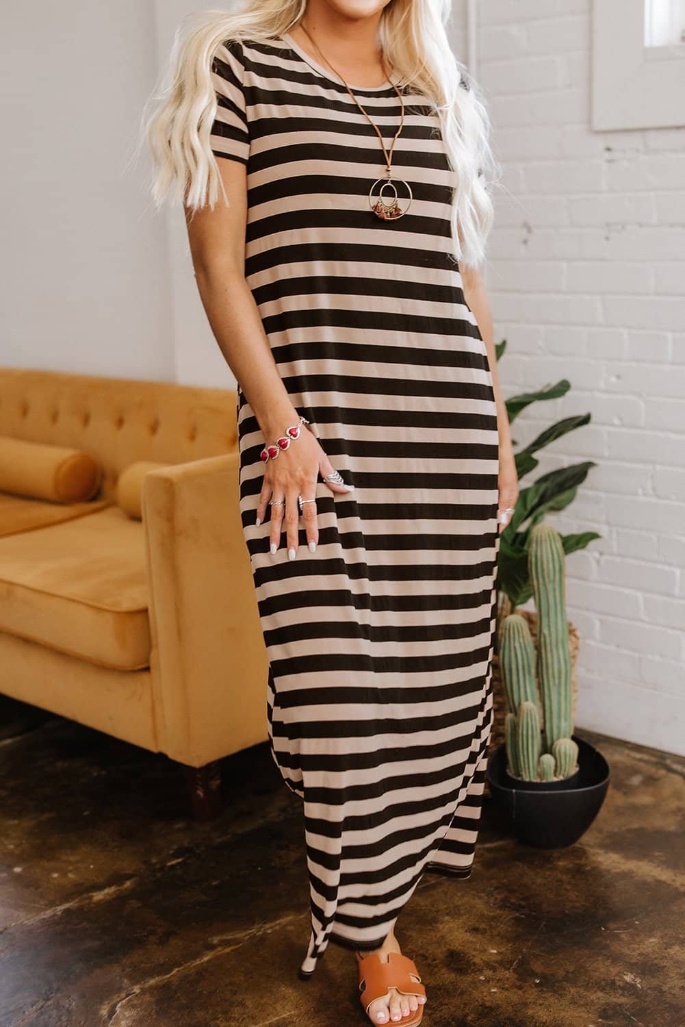 Black Stripe Casual Round Neck T-Shirt Maxi Dress With Pockets