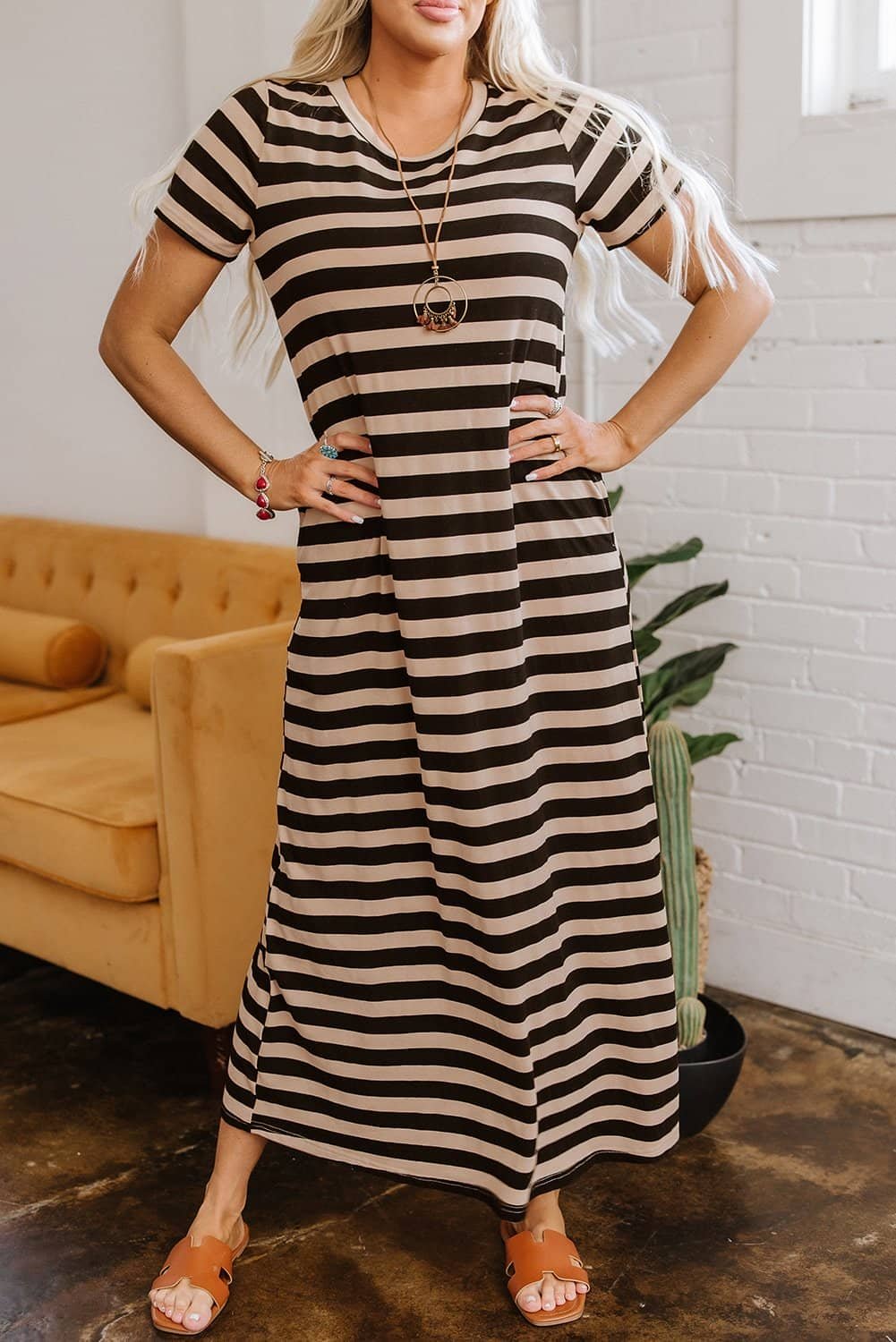Black Stripe Casual Round Neck T-Shirt Maxi Dress With Pockets