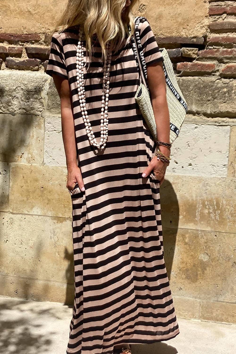 Black Stripe Casual Round Neck T-Shirt Maxi Dress With Pockets