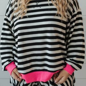 Black Stripe Color Block Edge Pullover And Shorts Plus Size Set
