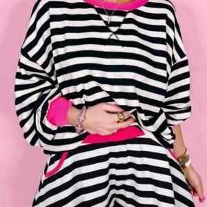 Black Stripe Contrast Ribbed Banding Long Sleeve Blouse Loose Shorts Set