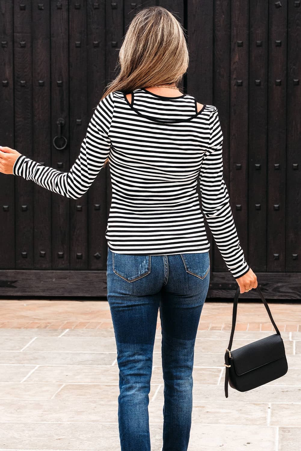 Black Stripe Double-Layer Cold Shoulder Long Sleeve Top