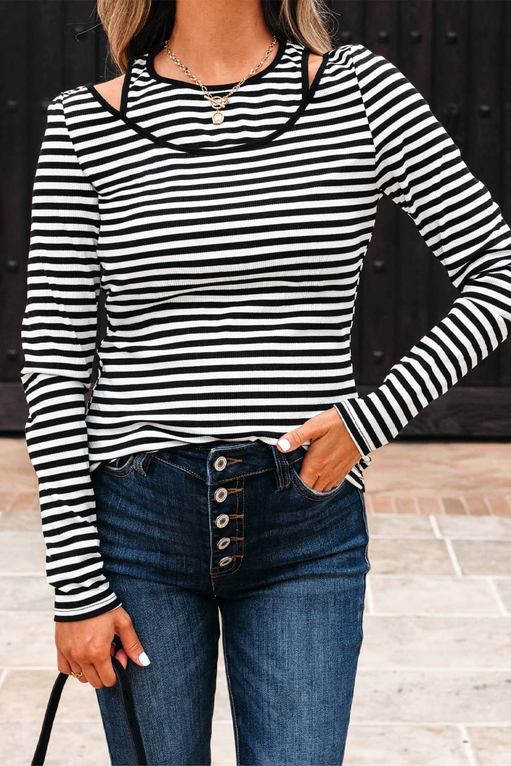 Black Stripe Double-Layer Cold Shoulder Long Sleeve Top