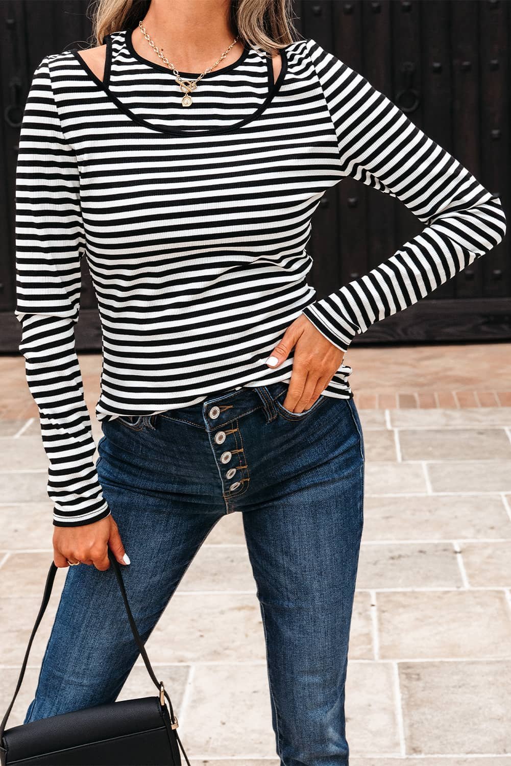 Black Stripe Double-Layer Cold Shoulder Long Sleeve Top