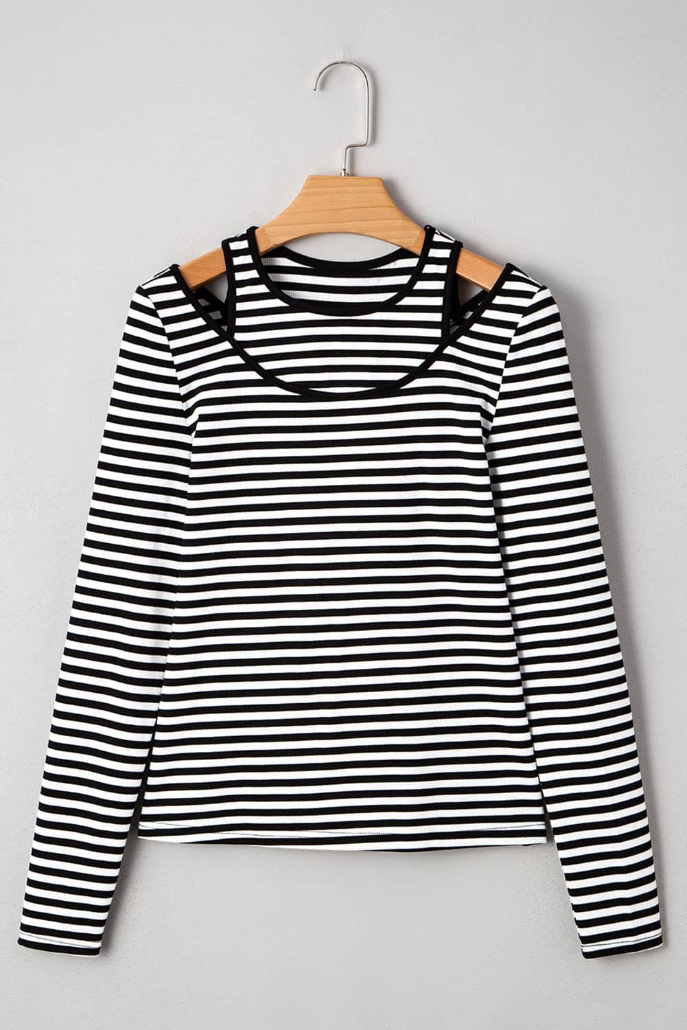Black Stripe Double-Layer Cold Shoulder Long Sleeve Top