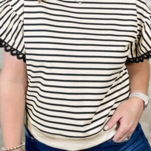 Black Stripe Eyelet Trimmed Ruffled Short Sleeve Plus Size Top