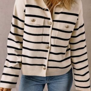 Black Stripe Flap Pocket Buttoned Cardigan Sweater