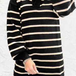 Black Stripe Polo Collar Puff Sleeve Sweater Mini Dress