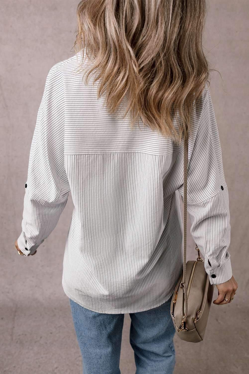 Black Stripe Roll-Tab Sleeve Pocketed Long Shirt