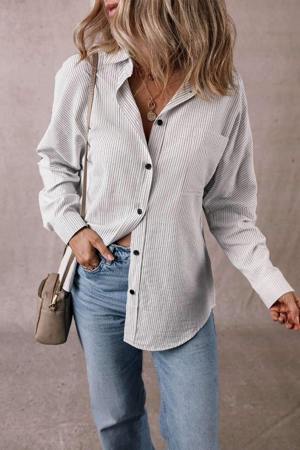 Black Stripe Roll-Tab Sleeve Pocketed Long Shirt