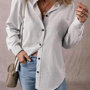 Black Stripe Roll-Tab Sleeve Pocketed Long Shirt