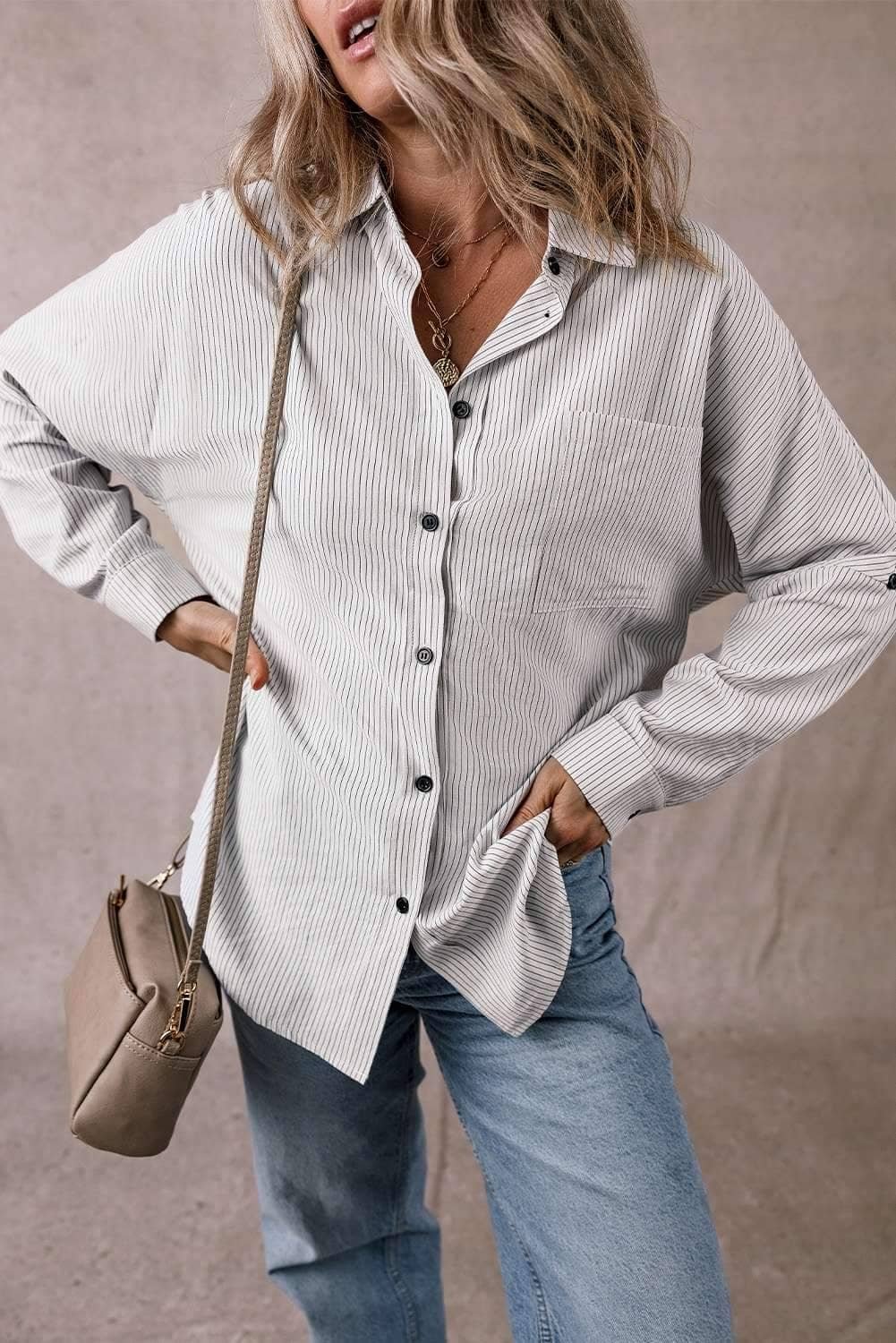 Black Stripe Roll-Tab Sleeve Pocketed Long Shirt