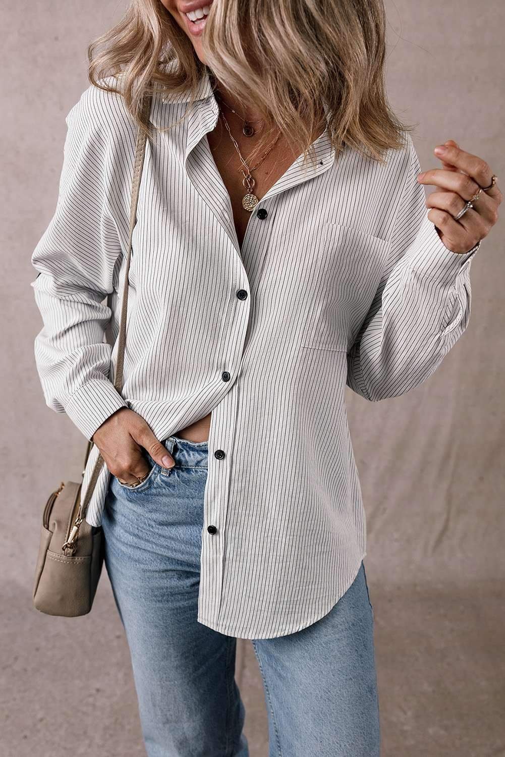 Black Stripe Roll-Tab Sleeve Pocketed Long Shirt