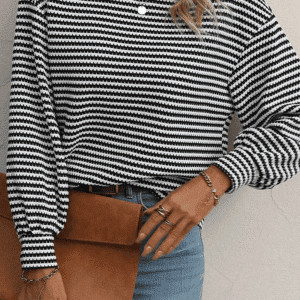 Black Stripe Round Neck Drop Shoulder Long Sleeve Top