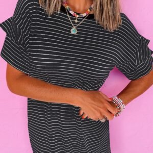 Black Stripe Ruffled Short Sleeve Crew Neck T Shirt Shift Mini Dress