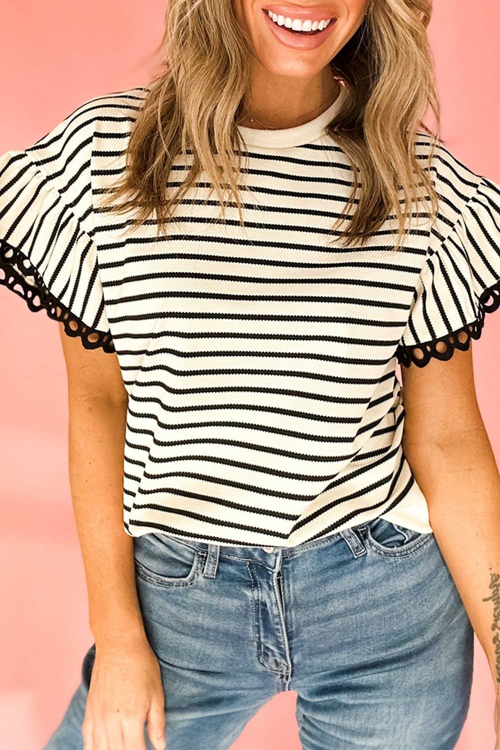 Black Stripe Scallop Lace Trim Ruffle Short Sleeves Crewneck Top