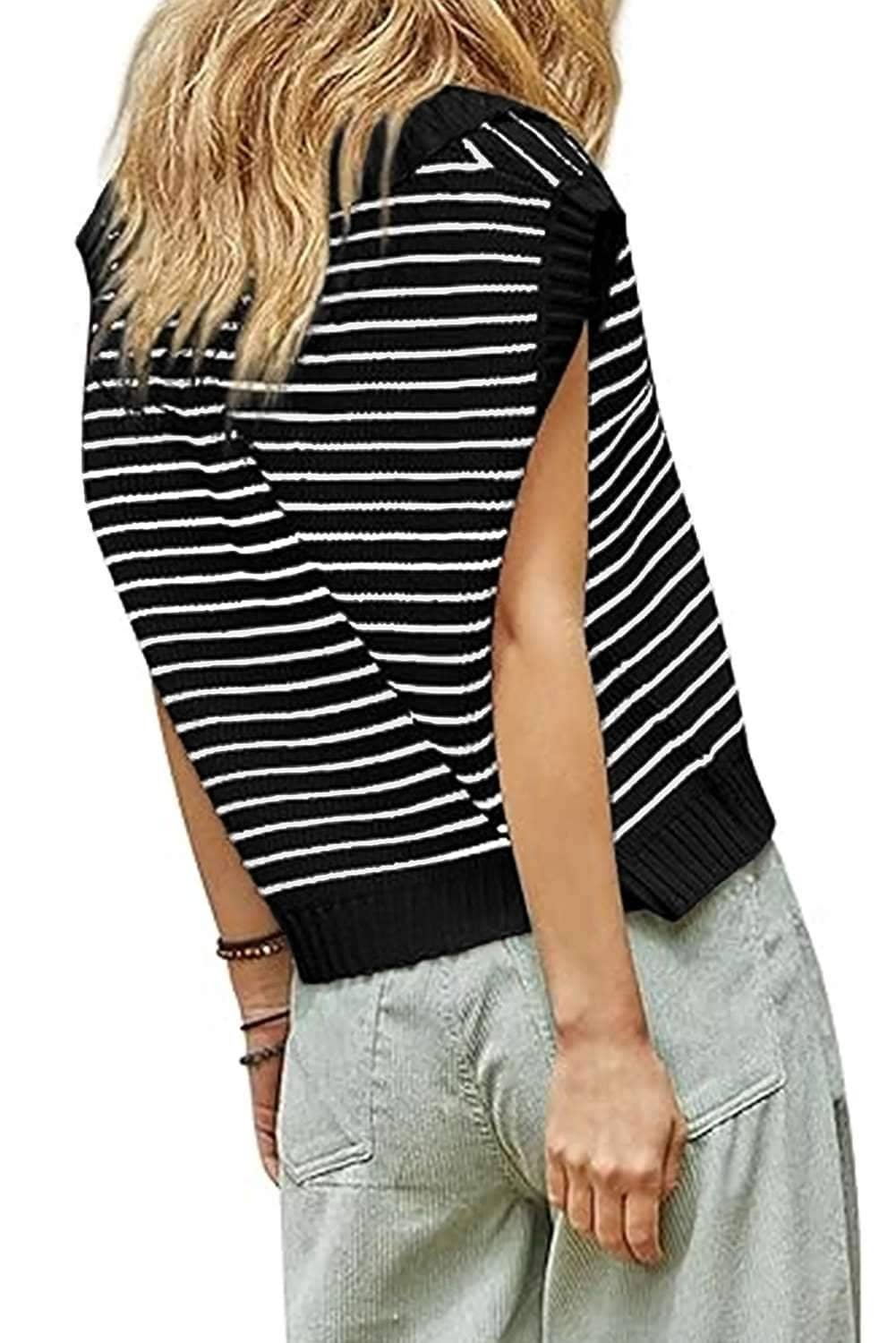 Black Stripe Turn-Down V Neck Sweater Tank Top