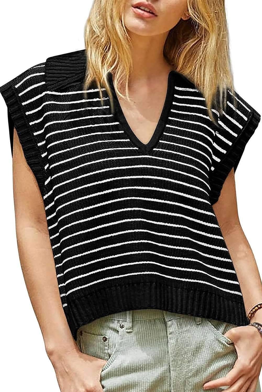 Black Stripe Turn-Down V Neck Sweater Tank Top
