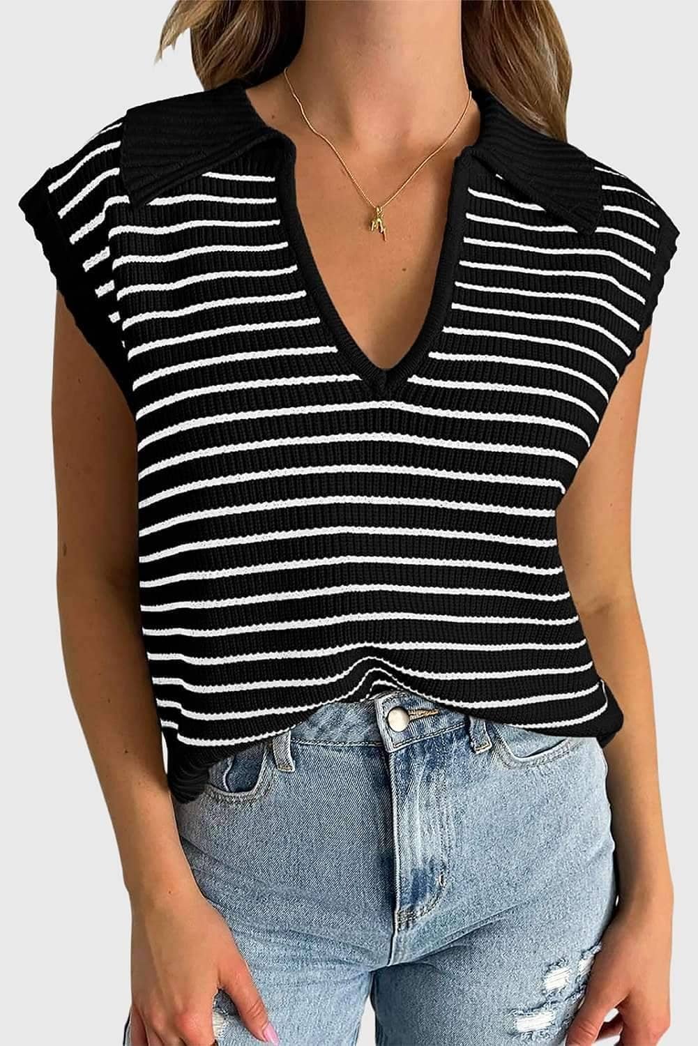 Black Stripe Turn-Down V Neck Sweater Tank Top