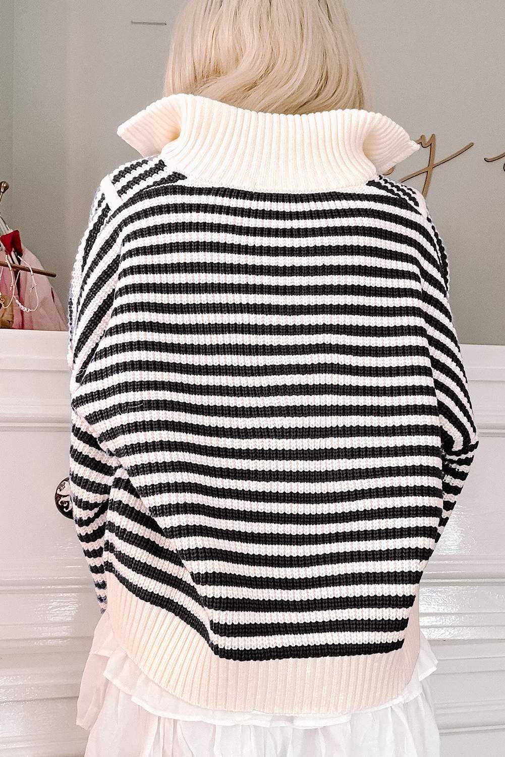Black Stripe Zip Up Collar Drop Shoulder Sweater