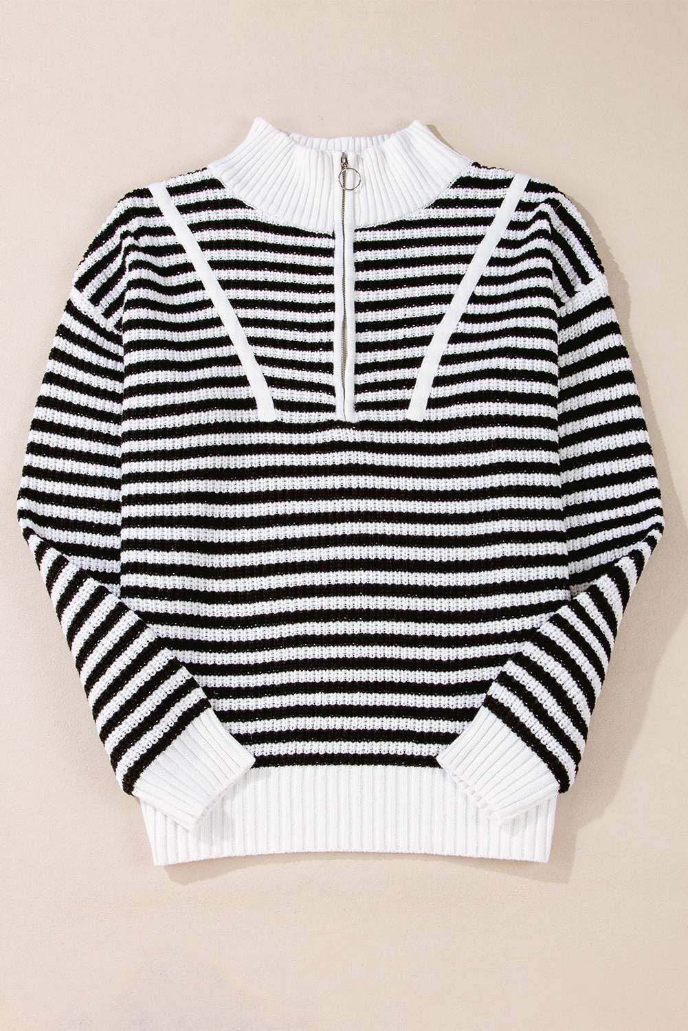 Black Stripe Zip Up Collar Drop Shoulder Sweater