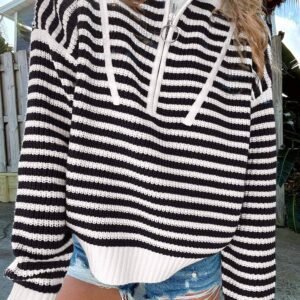 Black Stripe Zip Up Collar Drop Shoulder Sweater