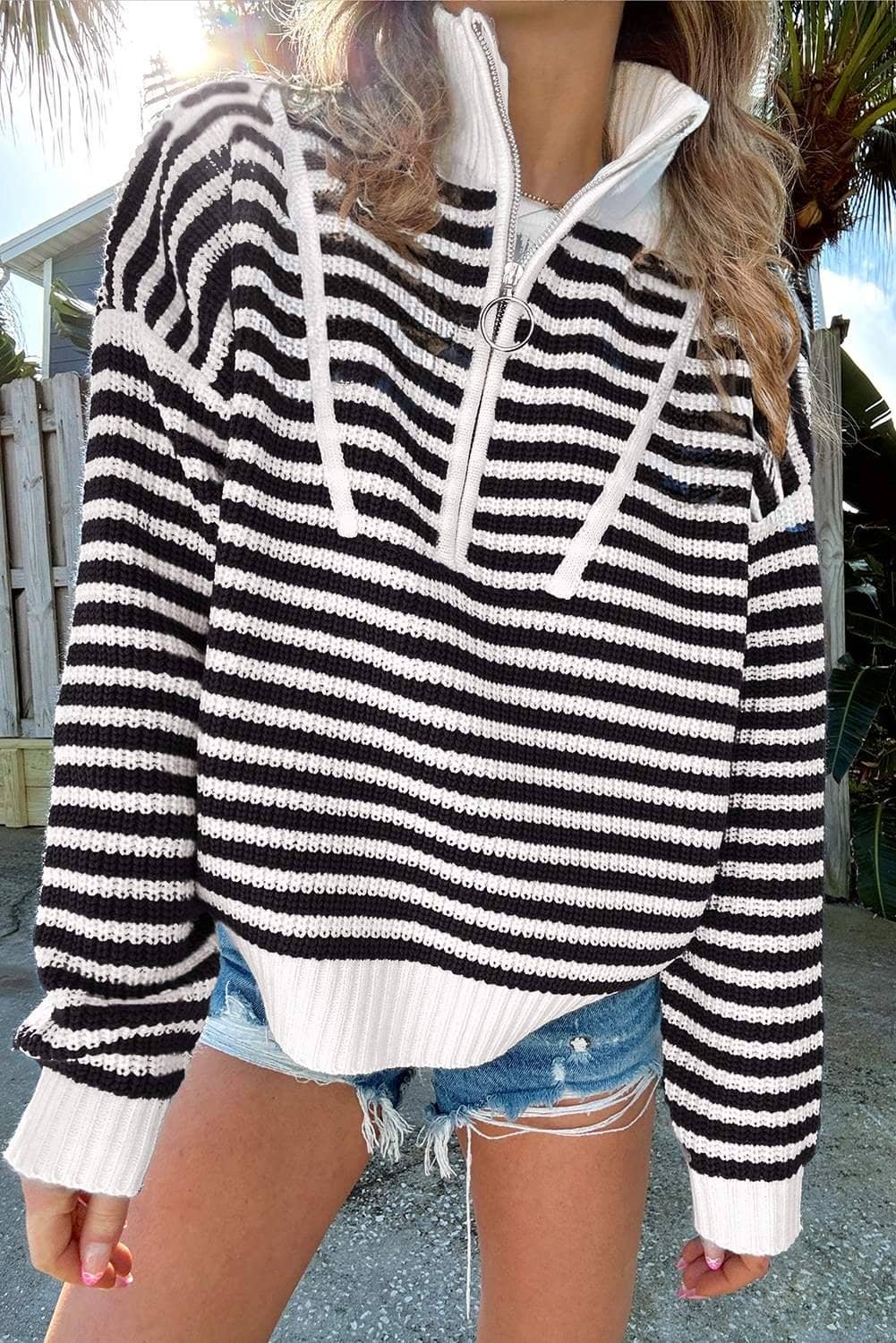 Black Stripe Zip Up Collar Drop Shoulder Sweater