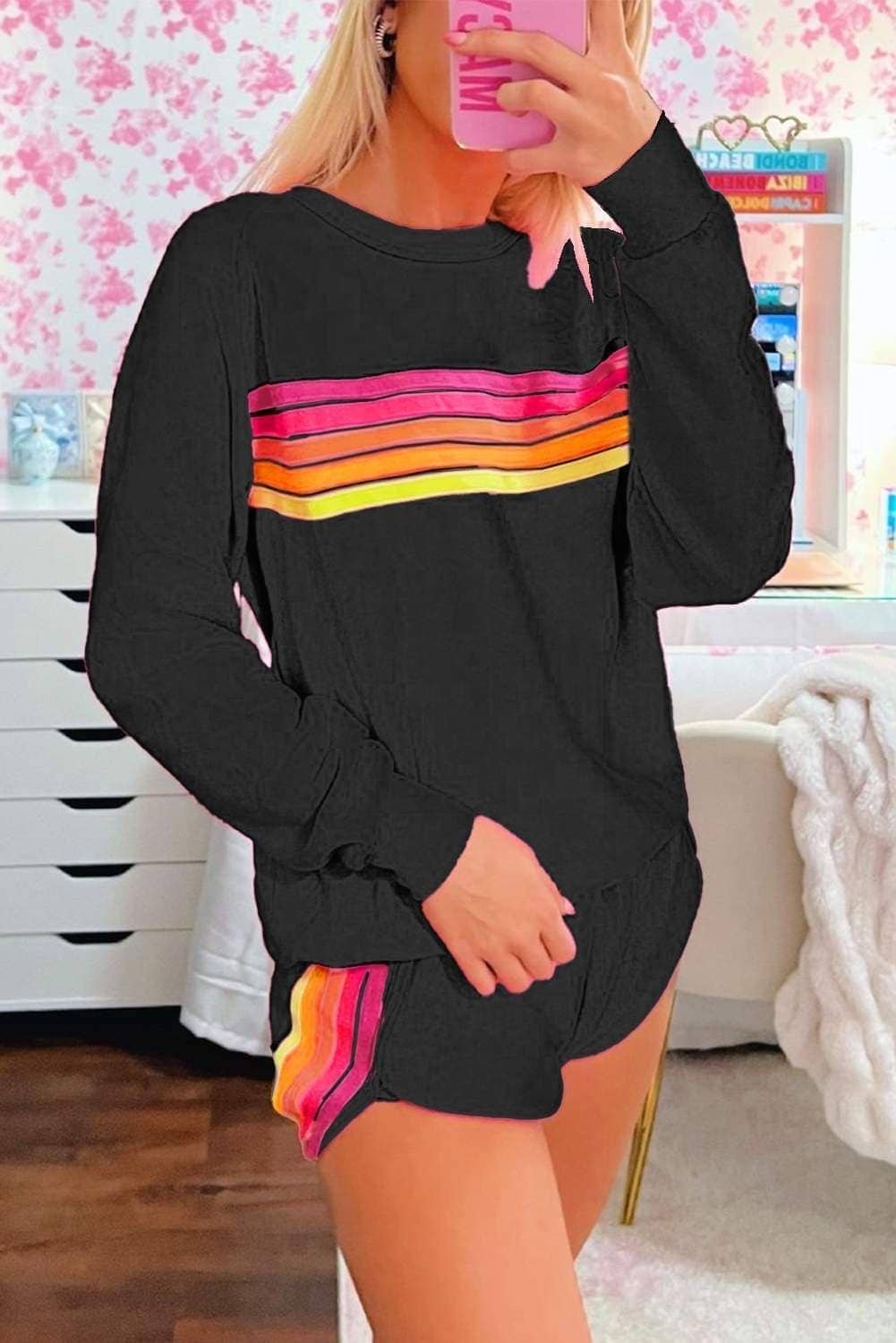 Black Striped Accent Pullover And Shorts Two Piece Casual Set