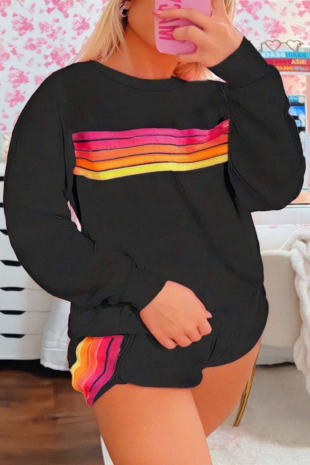 Black Striped Accent Pullover And Shorts Two Piece Casual Set