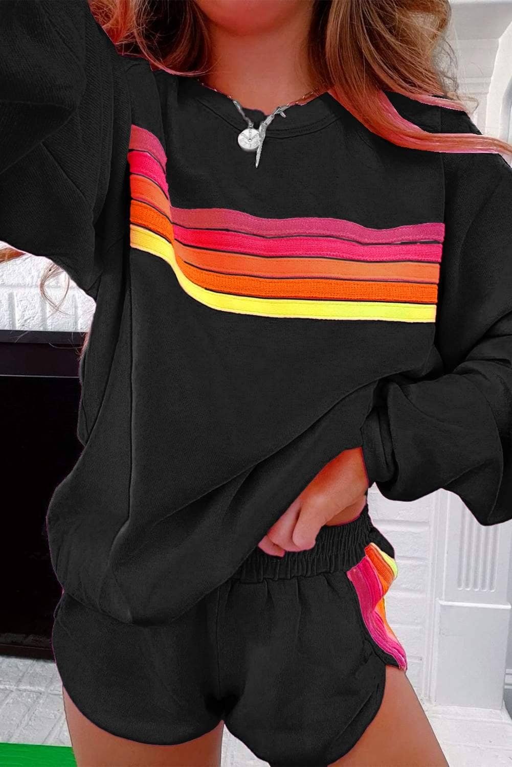 Black Striped Accent Pullover And Shorts Two Piece Casual Set