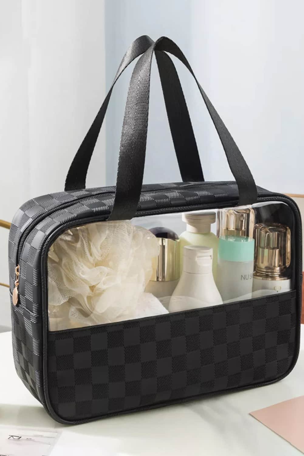 Black Stylish Checkered Pvc Clear Cosmetic Bag