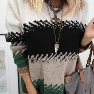 Black Stylish Color Block Pattern Drop Shoulder Sweater