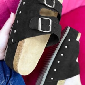 Black Suede Buckle Decor Footbed Sandal Slippers