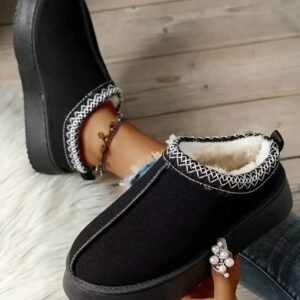 Black Suede Contrast Print Round Toe Plush Lined Flats