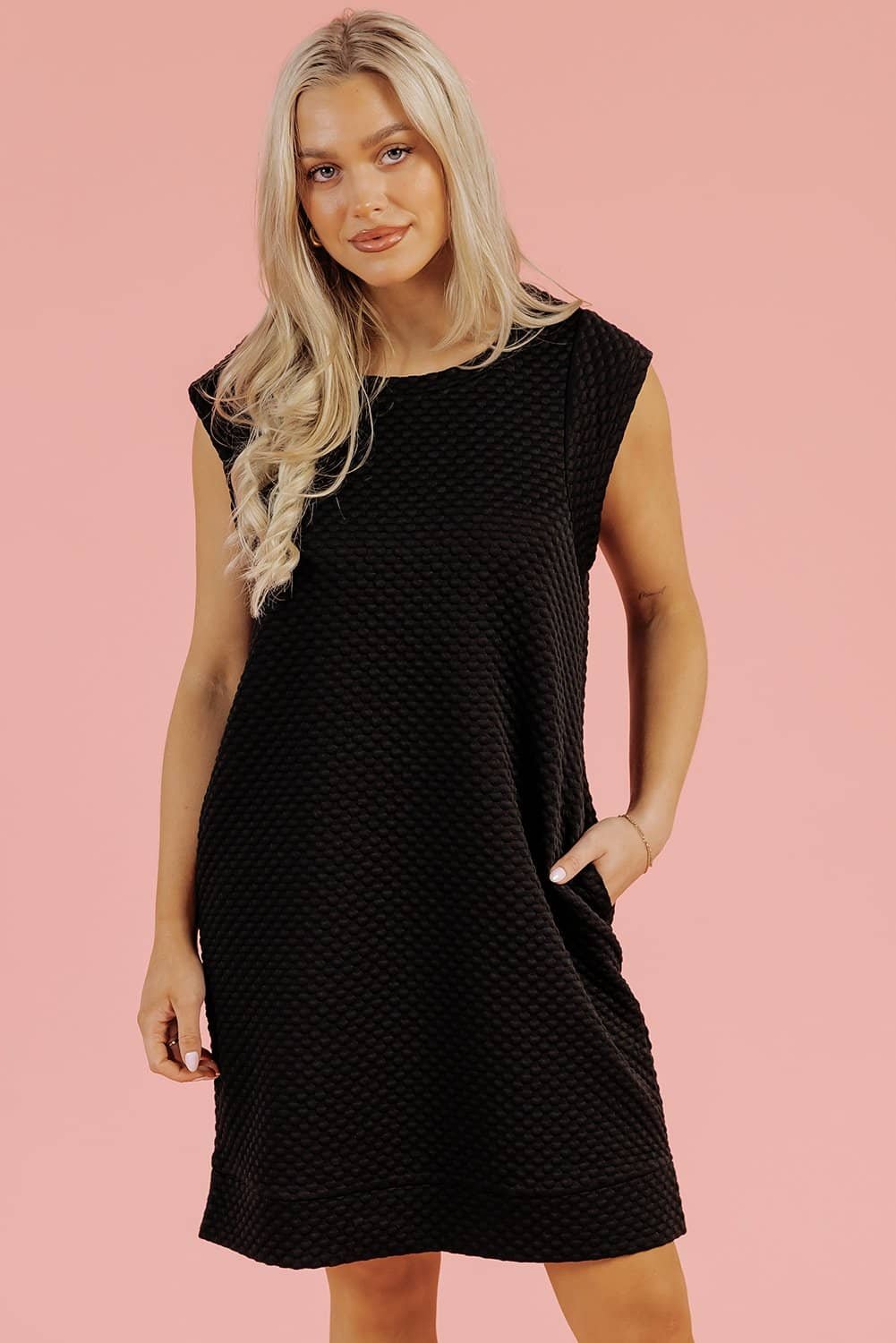 Black Textured Cap Sleeve T-Shirt Shift Mini Dress