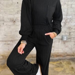 Black Textured Chest Pocket Long Sleeve Top 2Pcs Pants Set