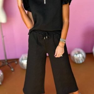 Black Textured Flutter Sleeve Top Wide Leg Pants Set