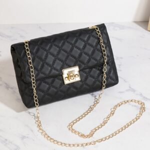 Black Textured Pu Leather Gold Chain Buckle Single Shoulder Bag