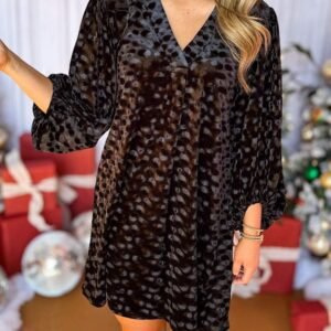Black Textured V Neck Balloon Sleeve Velvet Mini Dress