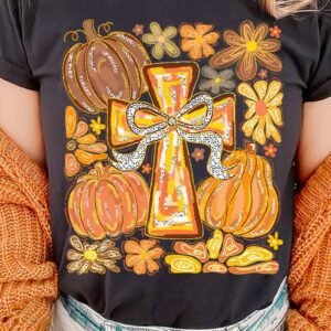Black Thanksgiving Pray Cross Pumpkin Graphic Cotton Blend Tee