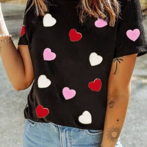 Black Valentines Chenille Heart Patched Pattern Crewneck Tee