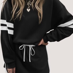 Black Varsity Stripe Detail Drop Shoulder Pullover Mini Skirt Set