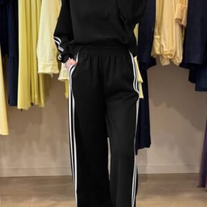 Black Varsity Striped Detail Crewneck Pullover Elastic Sweatpants 2Pcs Outfit