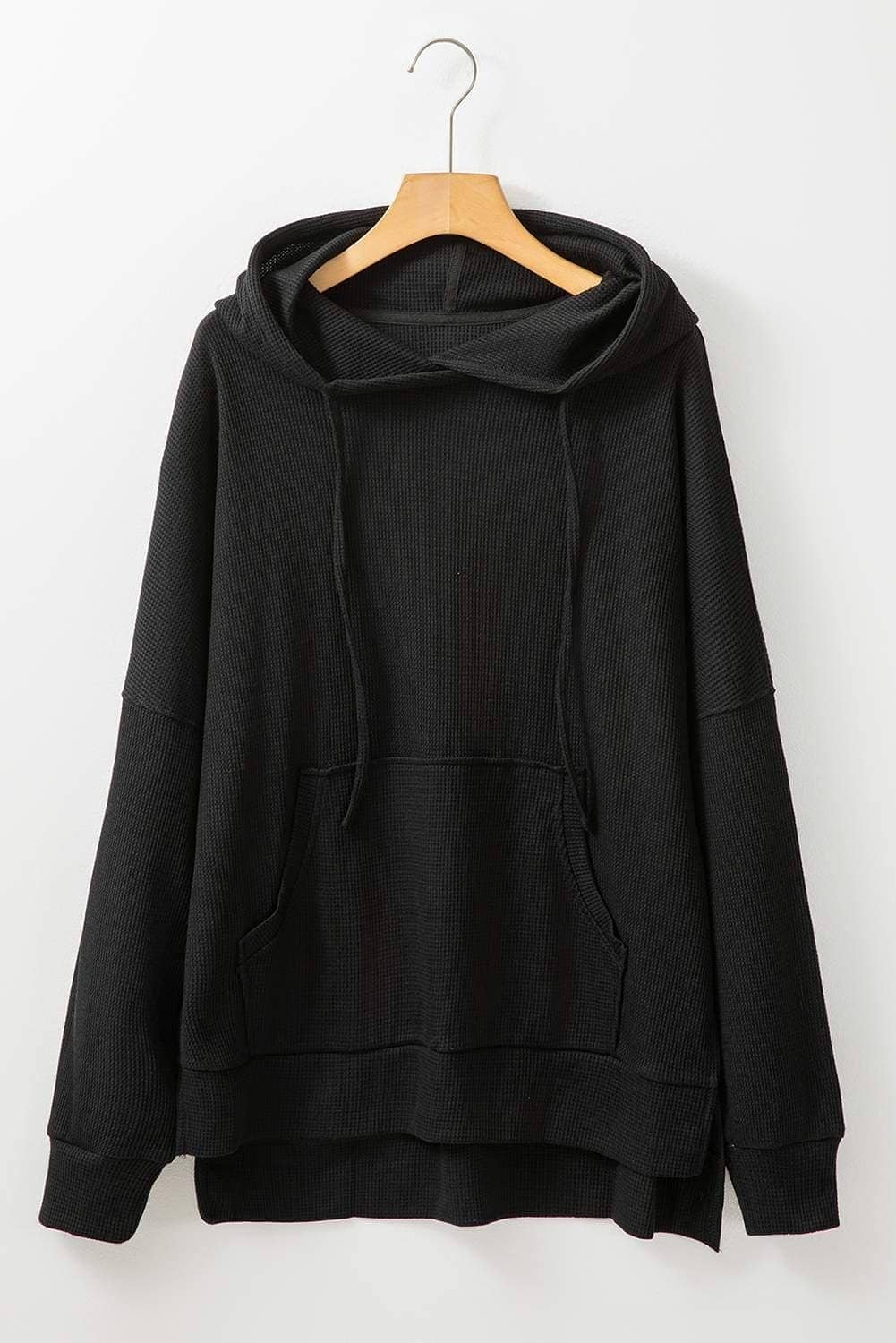 Black Waffle Knit Fleece Lined High Low Oversized Hoodie