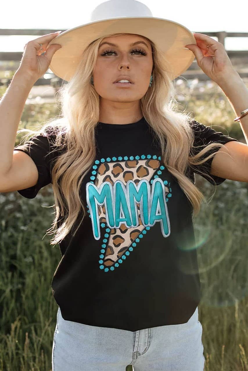 Black Western Fashion Mama Leopard Lightening Graphic Tee