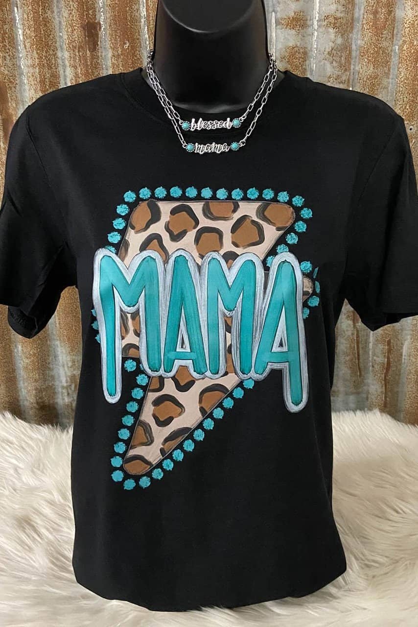 Black Western Fashion Mama Leopard Lightening Graphic Tee