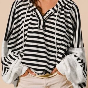 Black White Oversized Striped Henley Buttons Dolman Sleeve Hooded Top